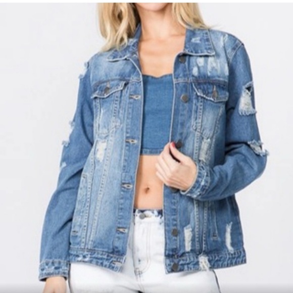 DENIM BRAND NEW! FASHION TOUR DISTRESSED DENIM JACKET - Picture 2 of 7